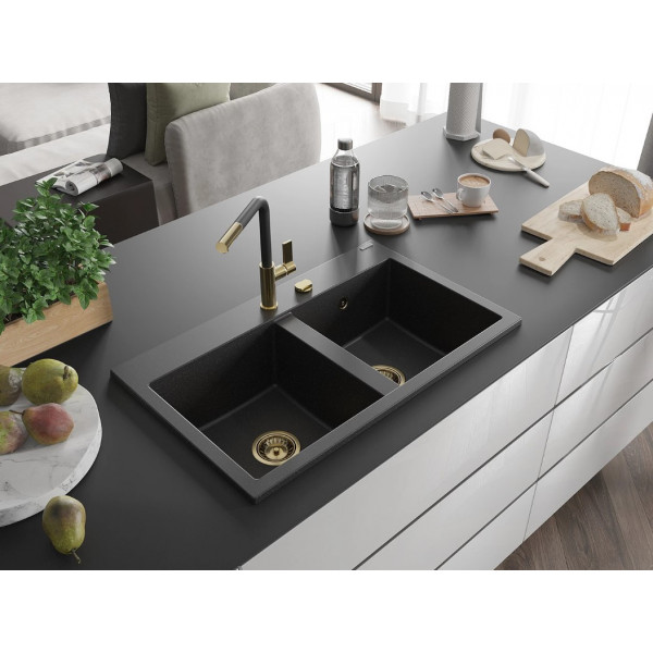 Гранітна кухонна мийка MEXEN HEKTOR BLACK SILVER + сифон GOLD