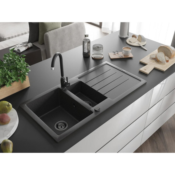 Гранітна кухонна мийка MEXEN ANDRES BLACK GRANITE + сифон BLACK