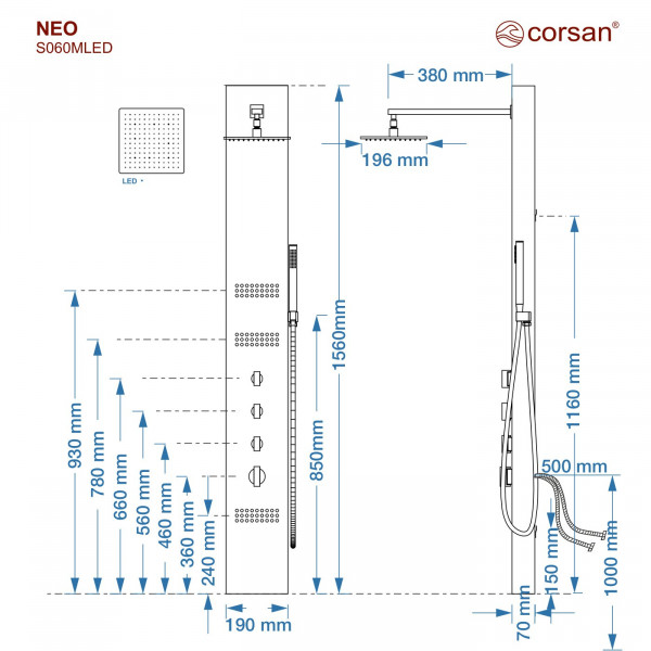 Душова панель CORSAN NEO INOX LED