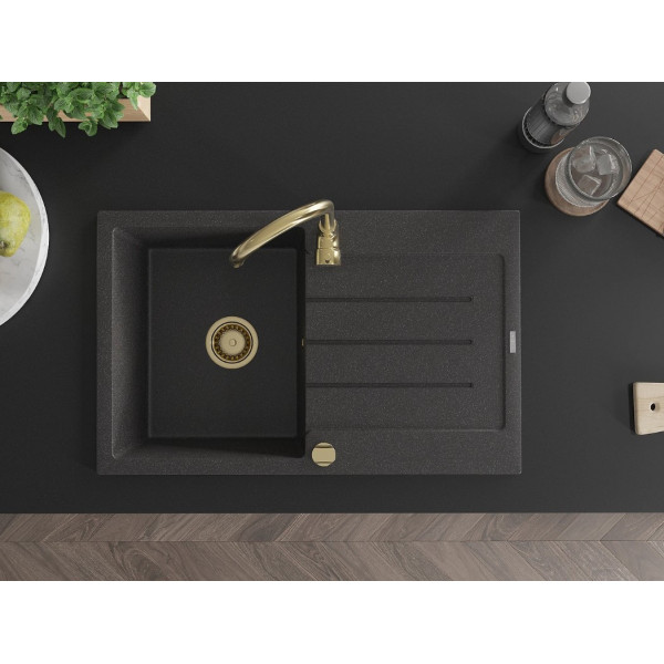 Гранітна кухонна мийка MEXEN BRUNO BLACK GRANITE + сифон GOLD