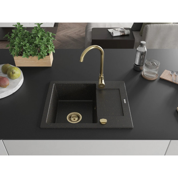 Гранітна кухонна мийка MEXEN ENZO BLACK GOLD + сифон GOLD