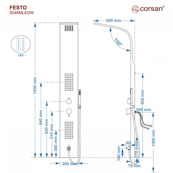 Душова панель CORSAN FESTO BLACK LED з виливом