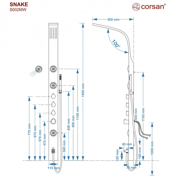 Душова панель CORSAN SNAKE INOX з виливом