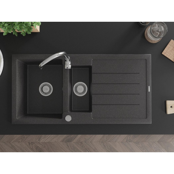 Гранітна кухонна мийка MEXEN ANDRES BLACK GRANITE + сифон CHROME