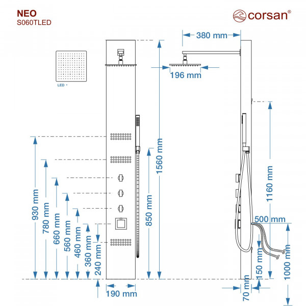 Душова панель CORSAN NEO BLACK LED з термостатом