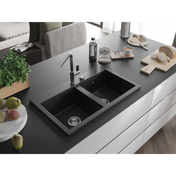 Гранітна кухонна мийка MEXEN HEKTOR BLACK SILVER + сифон CHROME