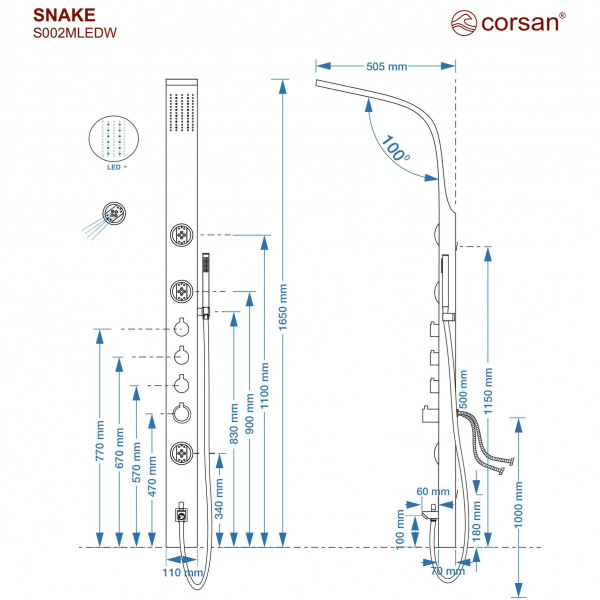 Душова панель CORSAN SNAKE BLACK LED з виливом