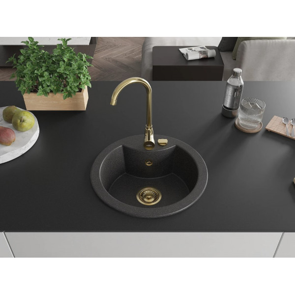 Гранітна кухонна мийка MEXEN DIEGO BLACK GRANITE + сифон GOLD