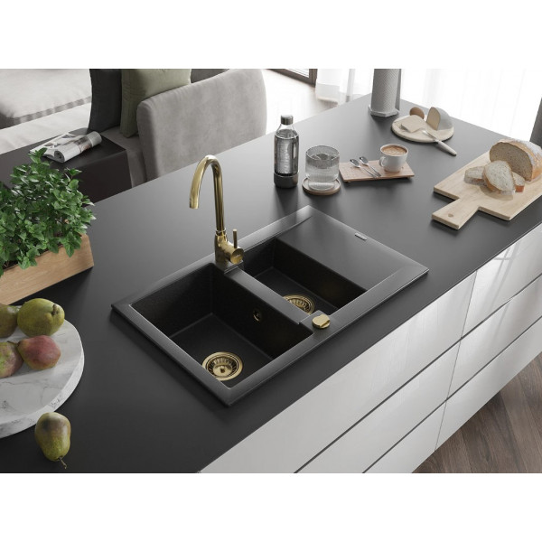 Гранітна кухонна мийка MEXEN GASPAR BLACK SILVER + сифон GOLD