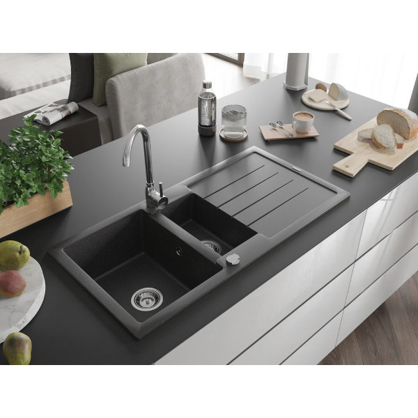 Гранітна кухонна мийка MEXEN ANDRES BLACK GRANITE + сифон CHROME