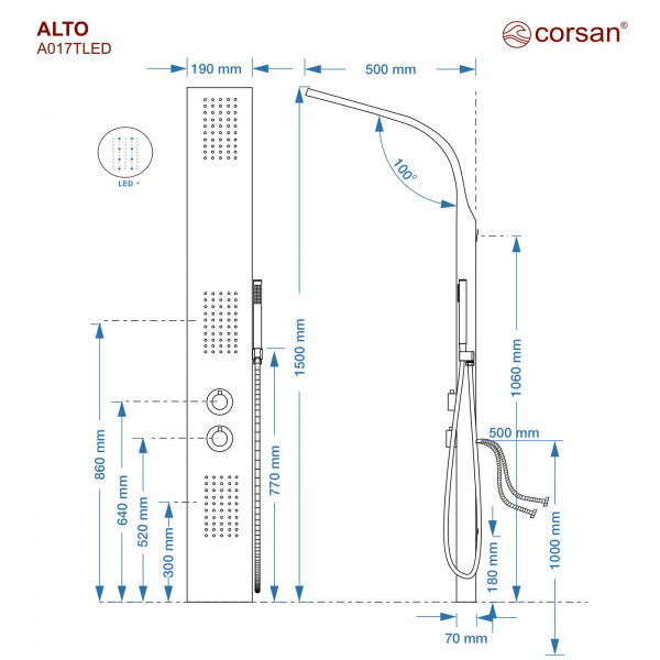 Душова панель CORSAN ALTO SILVER LED з термостатом