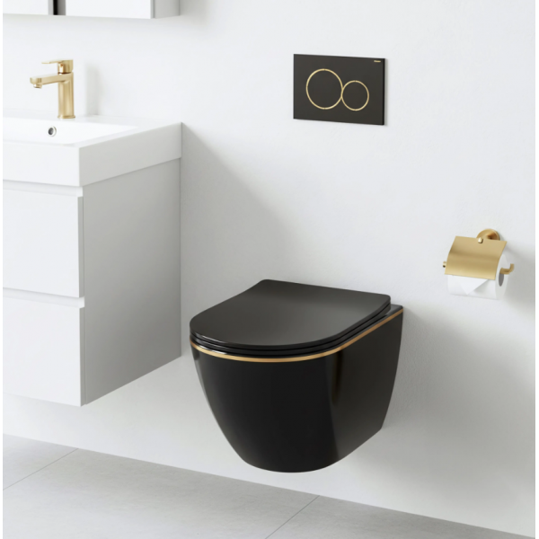 Подвесной унитаз REA CARLO BLACK MINI TORNADO FLAT GOLD EDGE