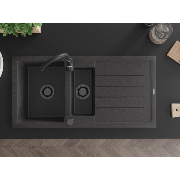 Гранітна кухонна мийка MEXEN ANDRES BLACK GRANITE + сифон BLACK