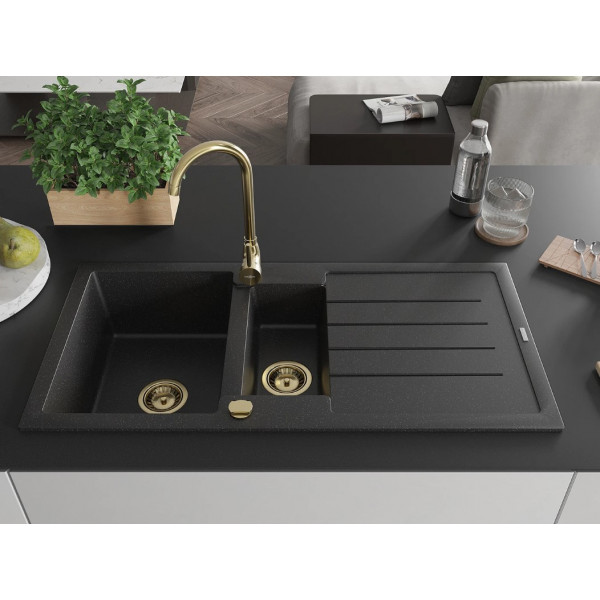 Гранітна кухонна мийка MEXEN ANDRES BLACK SILVER + сифон GOLD
