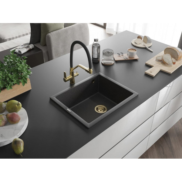 Гранітна кухонна мийка MEXEN PEDRO BLACK GRANITE + сифон GOLD
