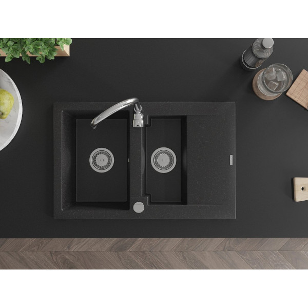 Гранітна кухонна мийка MEXEN GASPAR BLACK SILVER + сифон CHROME