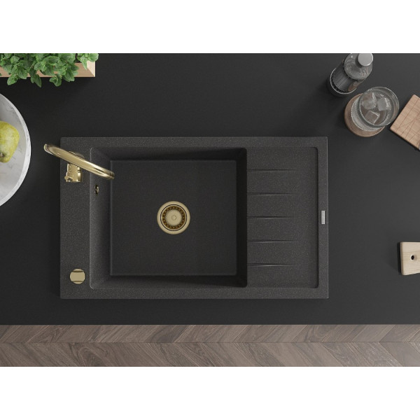 Гранітна кухонна мийка MEXEN ELIAS BLACK GRANITE + сифон GOLD