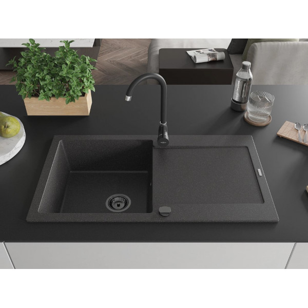 Гранітна кухонна мийка MEXEN LEO BLACK GRANITE + сифон BLACK