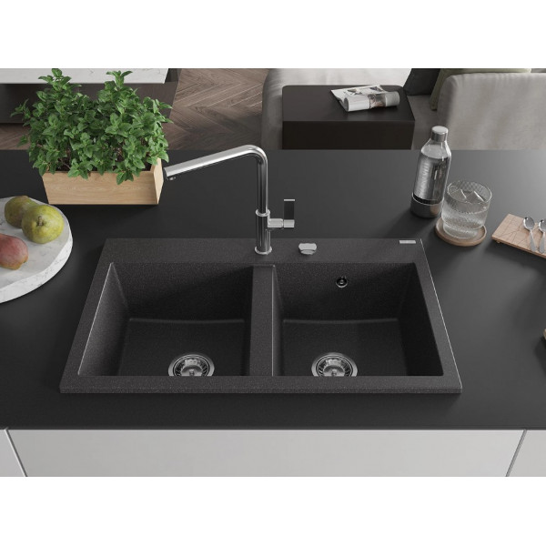 Гранітна кухонна мийка MEXEN HEKTOR BLACK GRANITE + сифон CHROME