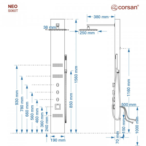 Душова панель CORSAN NEO INOX з термостатом