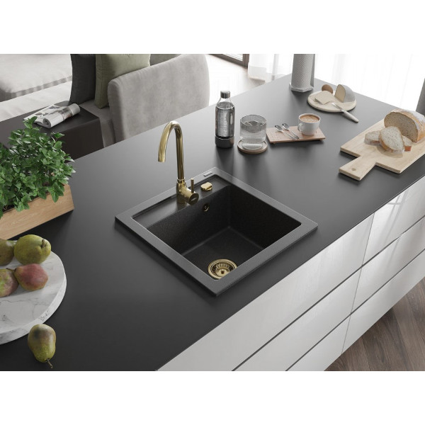 Гранітна кухонна мийка MEXEN VITO BLACK GRANITE + сифон GOLD