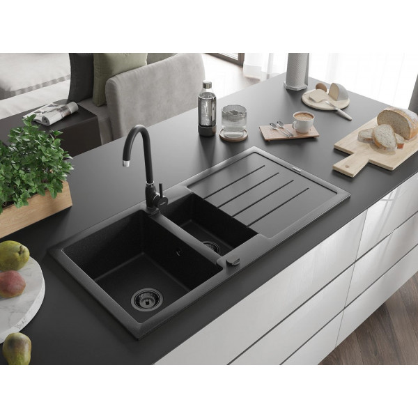 Гранітна кухонна мийка MEXEN ANDRES BLACK SILVER + сифон BLACK