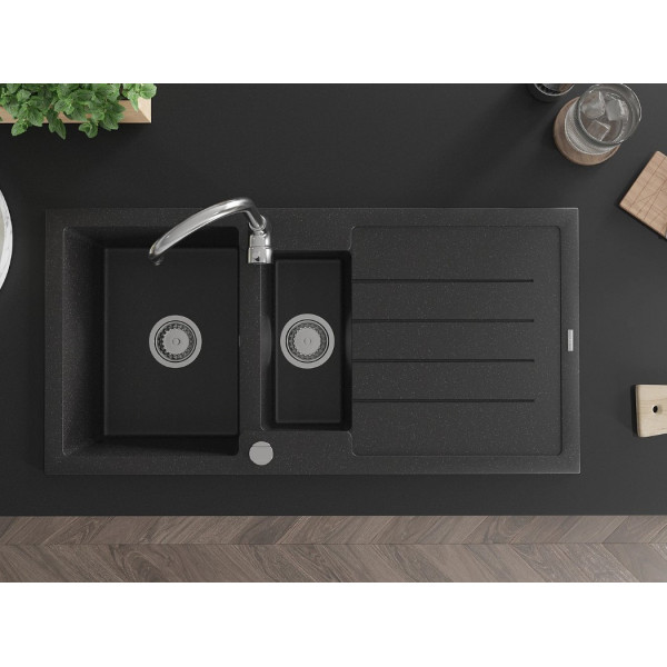 Гранітна кухонна мийка MEXEN ANDRES BLACK SILVER + сифон CHROME