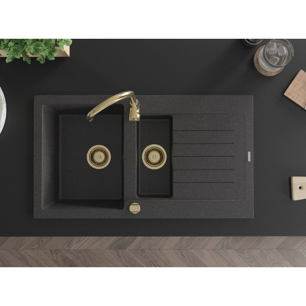 Гранітна кухонна мийка MEXEN MATIAS BLACK GRANITE + сифон GOLD