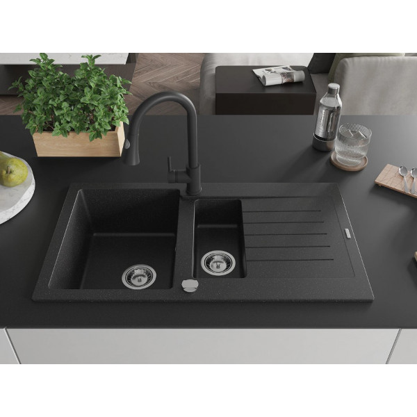 Гранітна кухонна мийка MEXEN MATIAS BLACK SILVER + сифон CHROME