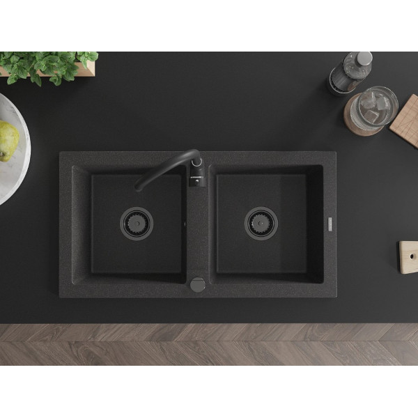 Гранітна кухонна мийка MEXEN MARIO BLACK GRANITE + сифон BLACK