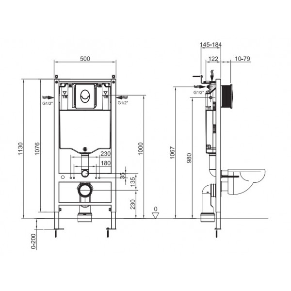 Інсталяція для підвісного унітазу Koer KT-0407 500x126x1150mm, без панелі змиву (KR5341)