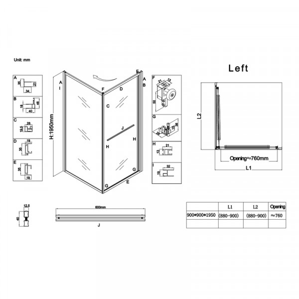 Душова кабіна без піддону Koer SR SC09-90x90x200-L-TR-07 прозоре скло Easy Clean 6мм Графіт (KR5685)