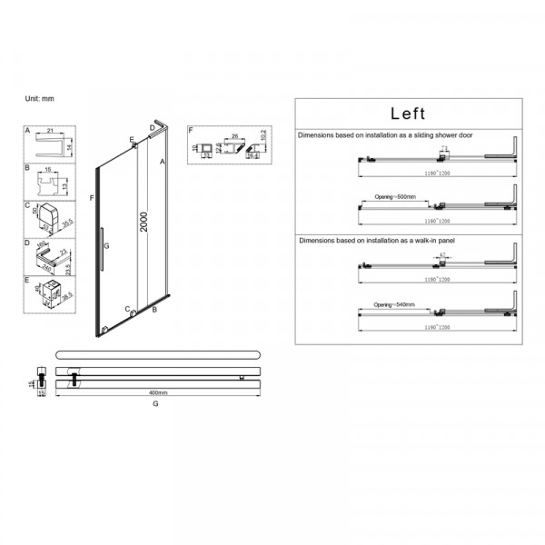 Двері у нішу Walk-In розсувні Koer SR SD07-120x200-L-TR-01 прозоре скло Easy Clean 8мм Хром (KR5686)