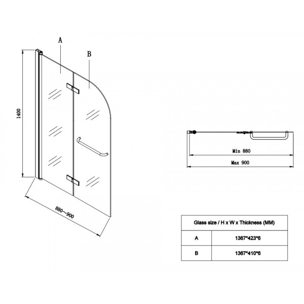 Шторки скляні на ванну Koer SR BS05-90x140-TR-01 прозоре скло Easy Clean 6мм, хром (KR5372)