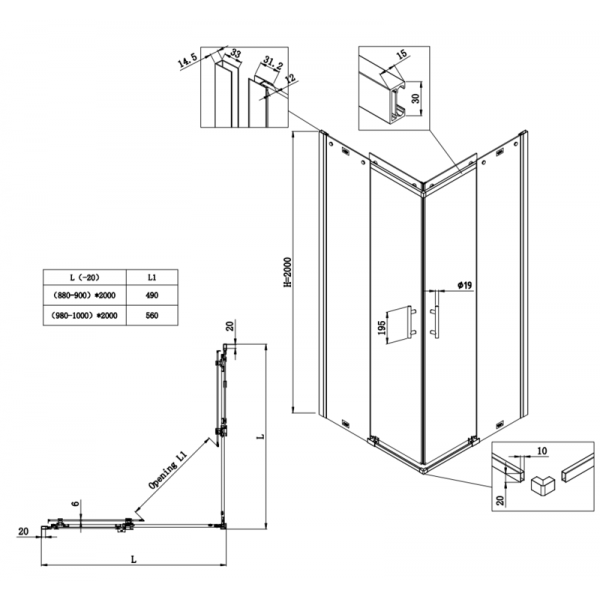 Душова кабіна без піддону Koer SR SC03-90x90x200-TR-07 прозоре скло Easy Clean 6мм, графіт (KR5359)