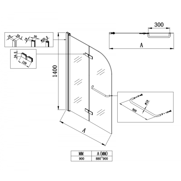 Шторки скляні на ванну Koer SR BS05-90x140-TR-01 прозоре скло Easy Clean 6мм, хром (KR5372)