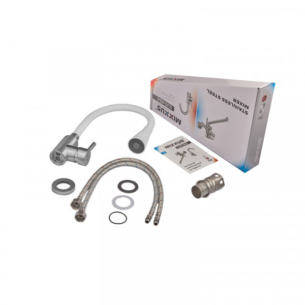 Змішувач для кухні MIXXUS SUS-011-T REFL.WHITE з силіконовим виливом з нерж. сталі SUS304, вилив білий (MI8228)