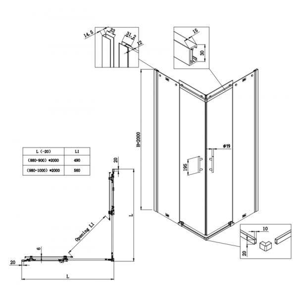 Душова кабіна без піддону Koer SR SC03-90x90x200-TR-12 прозоре скло Easy Clean 6мм, матове золото (KR5358)