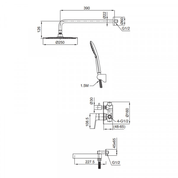 Вбудована душова система Koer KI-66016-02 (з нерж. сталі) (Колір нерж) (KR4792)