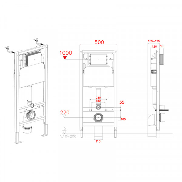 Інсталяція для підвісного унітазу Koer KT-0404 500x165x1125mm, без панелі змиву (KR5719)