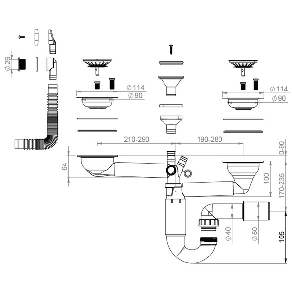 Сифон для мийки подвійний PREVEX