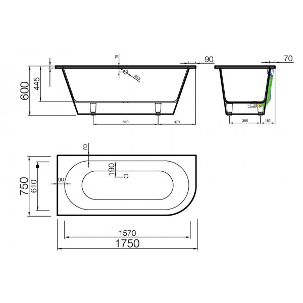 Ванна пристінна Evento 3 - білий матовий - Cправа