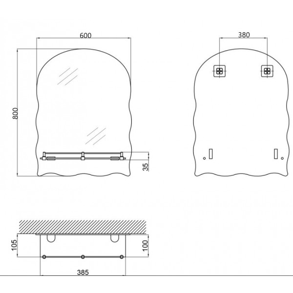 Дзеркало настінне Zerix MIRRA MRZ02-60x85x10 прямокутне з дугоподібним верxом, фігурними боками та полицею (ZX5620)