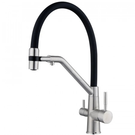 Змішувач для кухні з силіконовим виливом Zerix MAG-021 Refl.Black з нерж. сталі SUS304 з виходом для пит.води (вил.чорний) (ZX6003)