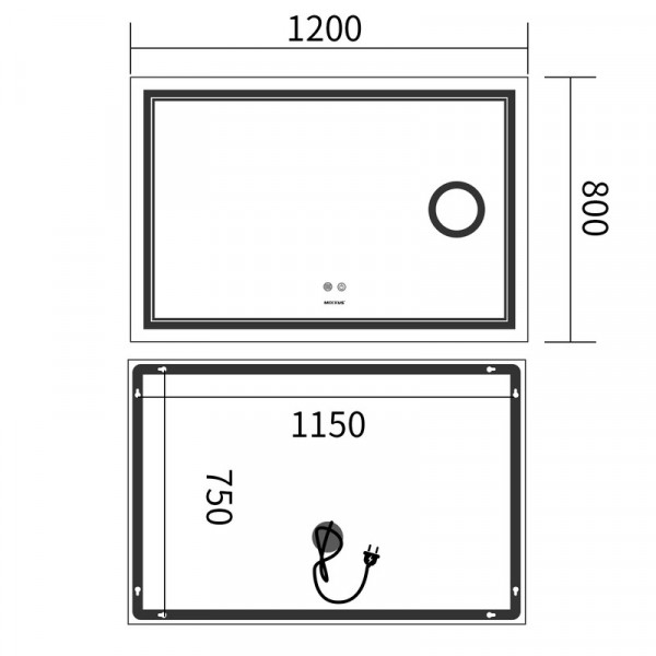 Дзеркало Mixxus Premium QUADRO MR20-120x80 з Led Touch, Anti-fog, димером, регулятором яскравості, лінзою (MP6624)