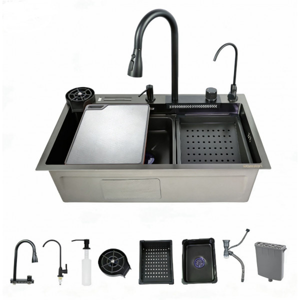 Мийка багатофункціональна Zerix ZH7546-SET-07 DECOR NANO-BLACK з вбудованим змішувачем (ZX5683)