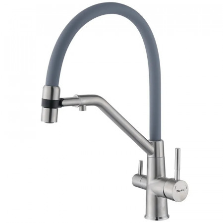 Змішувач для кухні з силіконовим виливом Zerix MAG-021 Refl.Gray з нерж. сталі SUS304 з виходом для пит.води (вил.сірий) (ZX6004)
