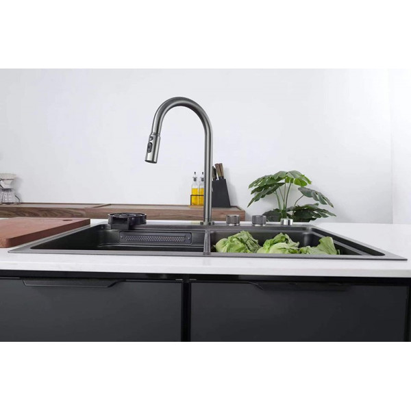 Мийка Zerix ZH7548-SET-03 Nano-Black з вбудованим змішувачем з нерж. сталі (ZM5577)