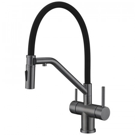 Змішувач для кухні KOER KI-72035-07 з нерж. сталі SUS304 з виходом для пит.води (Колір графіт+силік.вилив чорний) (KR5816)
