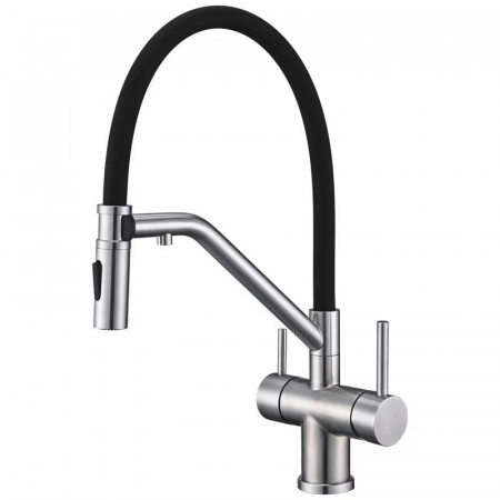 Змішувач для кухні KOER KI-72035-02 з нерж. сталі SUS304 з виходом для пит.води (Колір нерж+сил.вилив чорний) (KR5815)